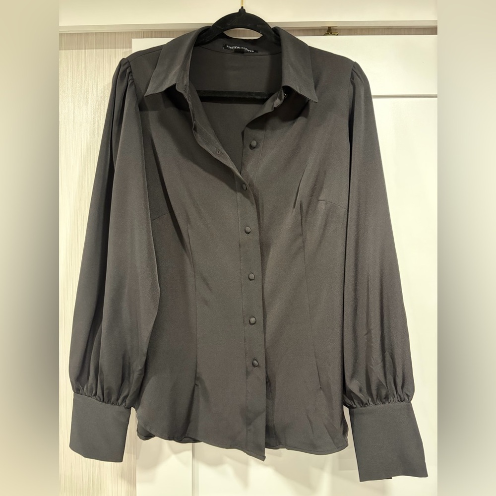 Boston Proper Olive-Gray Satin Button Blouse